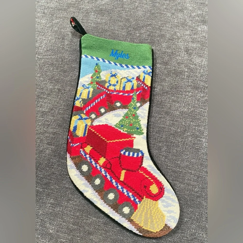 Festive Christmas Stocking Toy Train Needlepoint Monogrammed Myles
